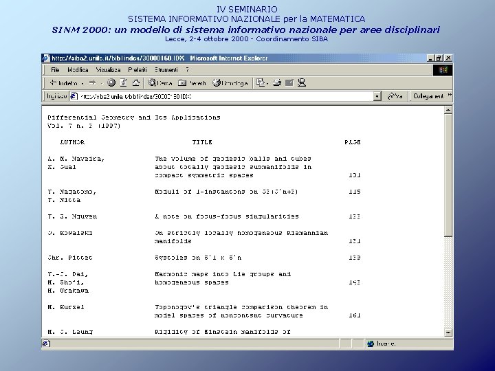 IV SEMINARIO SISTEMA INFORMATIVO NAZIONALE per la MATEMATICA SINM 2000: un modello di sistema