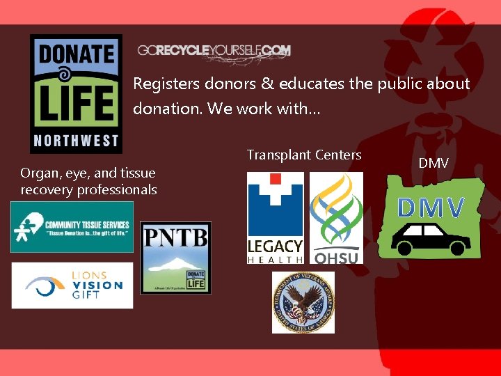 Registers donors & educates the public about donation. We work with… Organ, eye, and