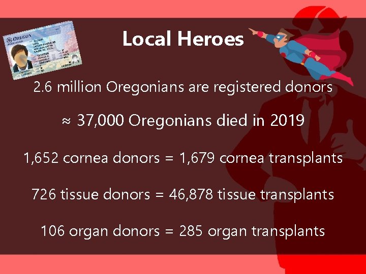 Local Heroes 2. 6 million Oregonians are registered donors ≈ 37, 000 Oregonians died