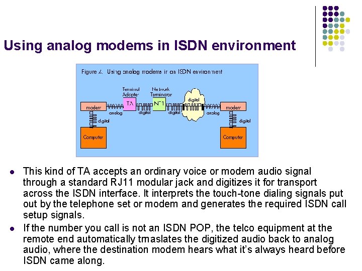 Using analog modems in ISDN environment l l This kind of TA accepts an