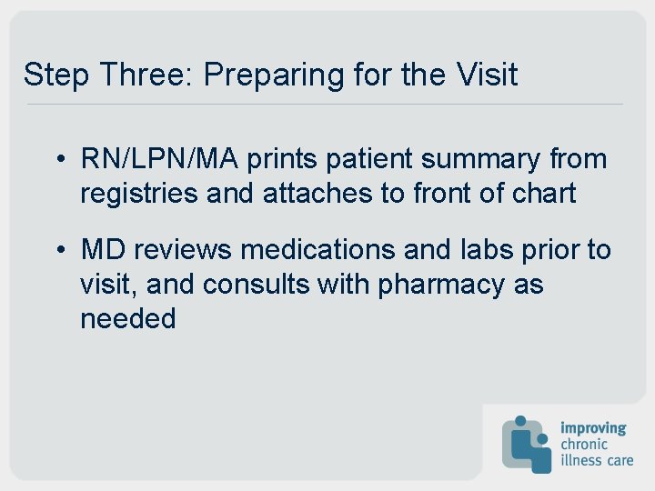 Step Three: Preparing for the Visit • RN/LPN/MA prints patient summary from registries and