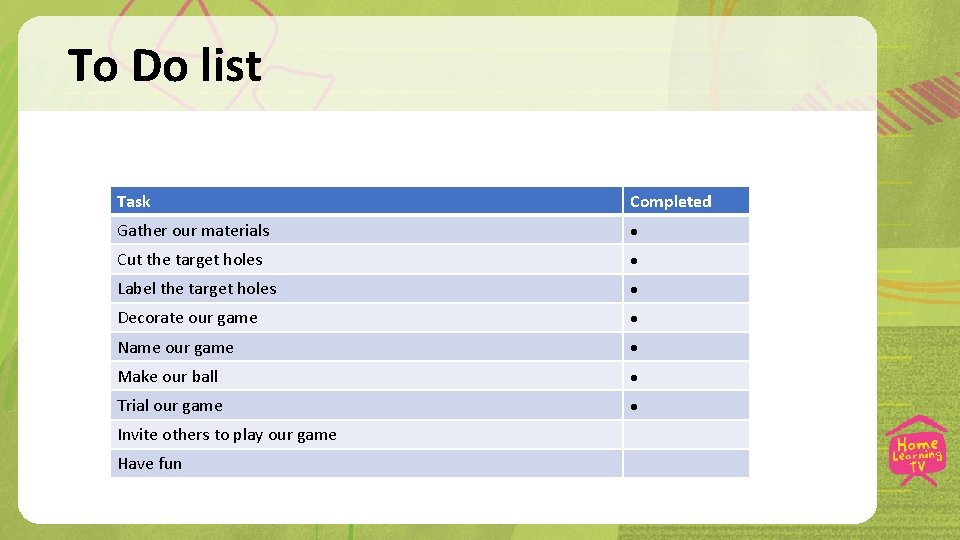 To Do list Task Completed Gather our materials Cut the target holes Label the
