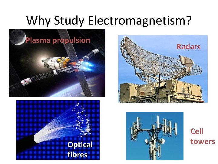 Why Study Electromagnetism? Plasma propulsion Optical fibres Radars Cell towers 