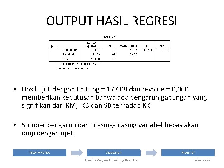 OUTPUT HASIL REGRESI • Hasil uji F dengan Fhitung = 17, 608 dan p-value