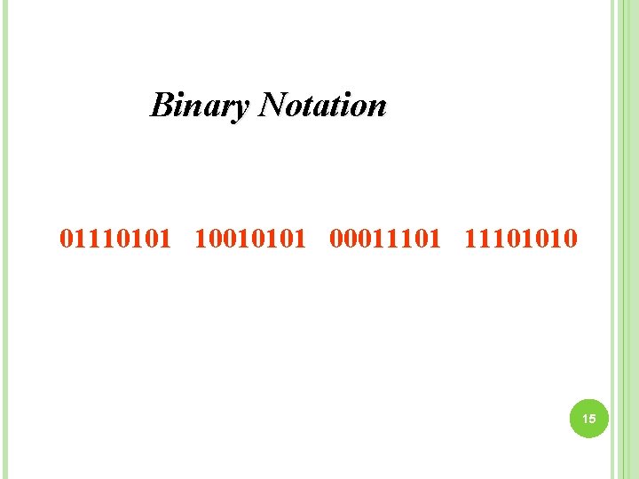 Binary Notation 01110101 10010101 00011101010 15 
