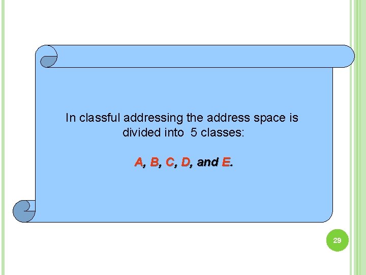 In classful addressing the address space is divided into 5 classes: A, B, C,