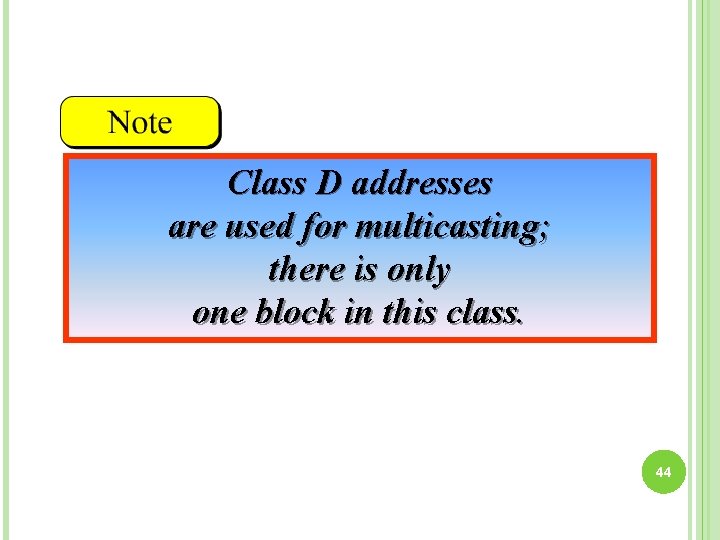 Class D addresses are used for multicasting; there is only one block in this