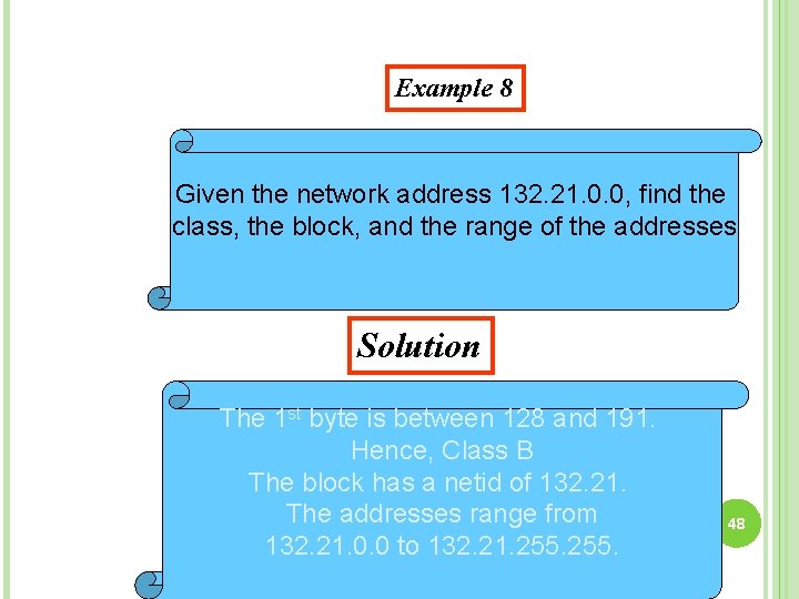 Example 8 Given the network address 132. 21. 0. 0, find the class, the