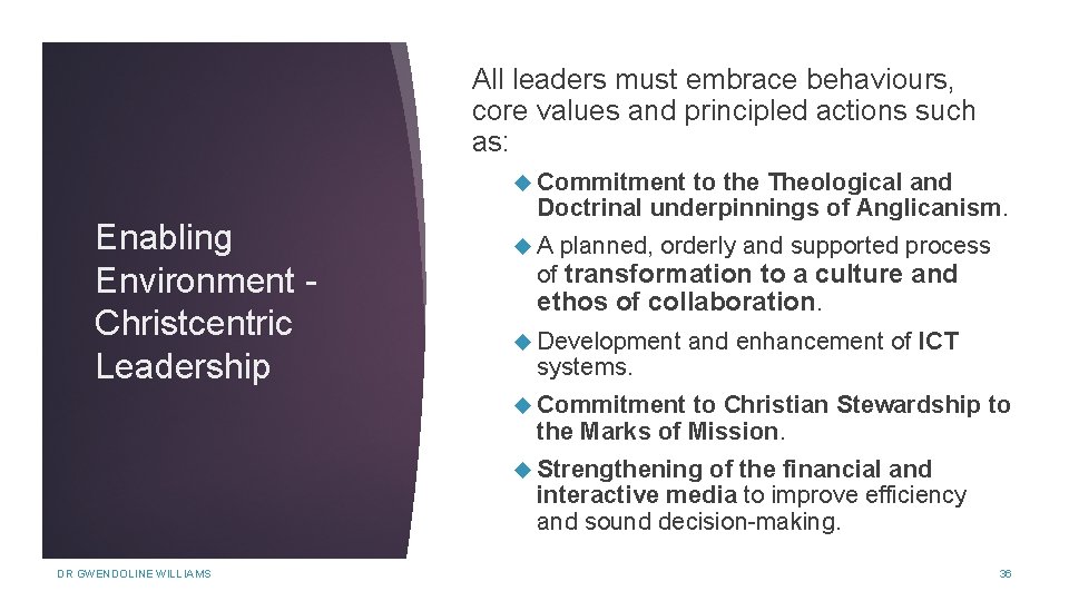 All leaders must embrace behaviours, core values and principled actions such as: Commitment Enabling