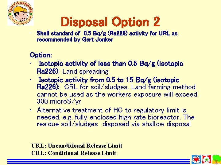 Disposal Option 2 • Shell standard of 0. 5 Bq/g (Ra 226) activity for
