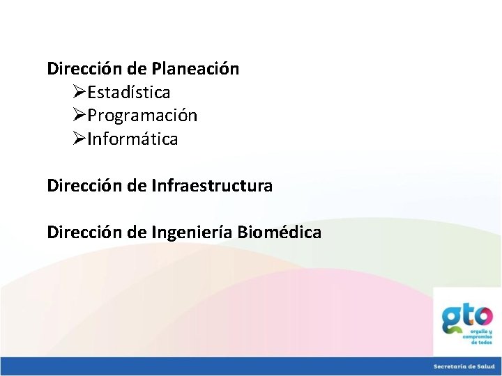 Dirección de Planeación ØEstadística ØProgramación ØInformática Dirección de Infraestructura Dirección de Ingeniería Biomédica 