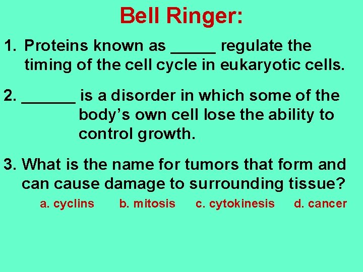 Bell Ringer: 1. Proteins known as _____ regulate the timing of the cell cycle