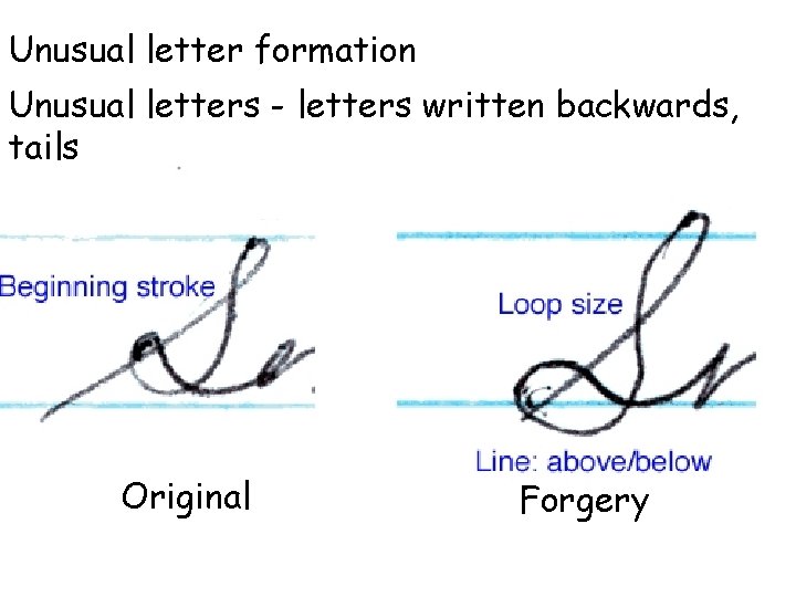 Unusual letter formation Unusual letters - letters written backwards, tails Original Forgery 