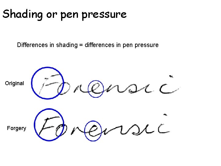 Shading or pen pressure Differences in shading = differences in pen pressure Original Forgery