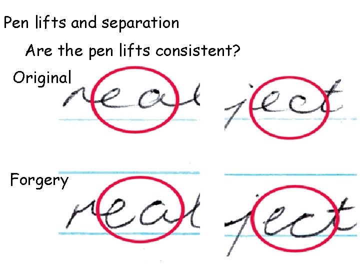 Pen lifts and separation Are the pen lifts consistent? Original Forgery 