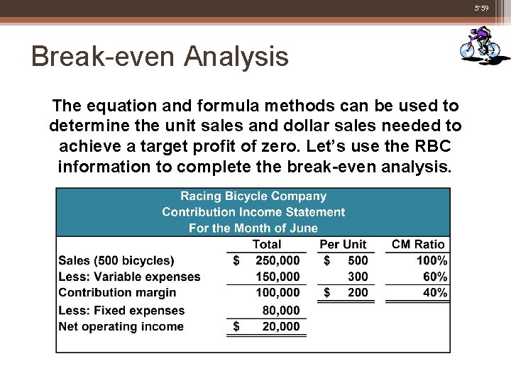 5 -59 Break-even Analysis The equation and formula methods can be used to determine