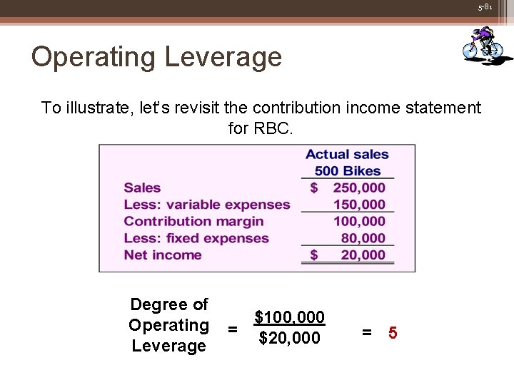 5 -81 Operating Leverage To illustrate, let’s revisit the contribution income statement for RBC.