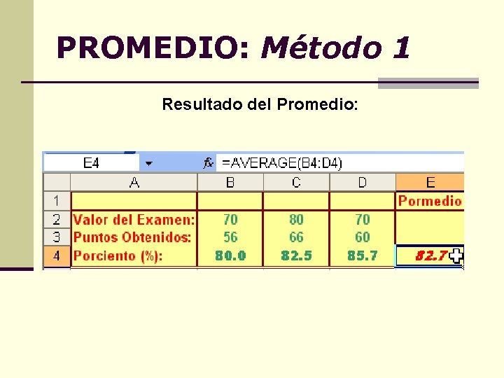 PROMEDIO: Método 1 Resultado del Promedio: 