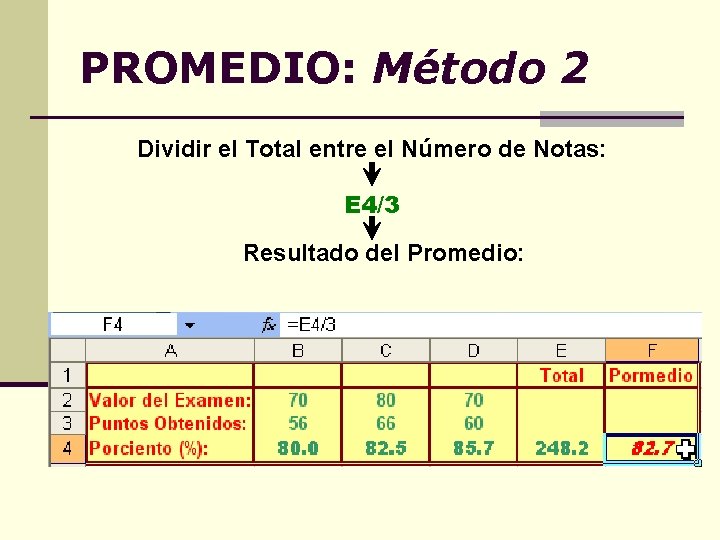 PROMEDIO: Método 2 Dividir el Total entre el Número de Notas: E 4/3 Resultado