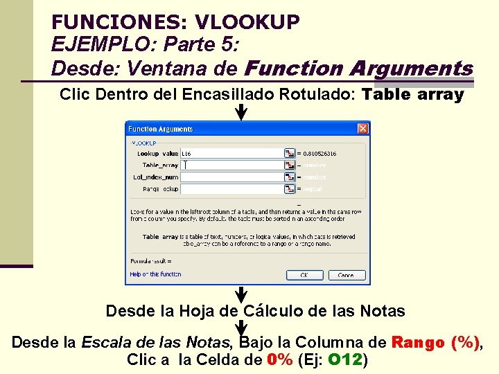 FUNCIONES: VLOOKUP EJEMPLO: Parte 5: Desde: Ventana de Function Arguments Clic Dentro del Encasillado