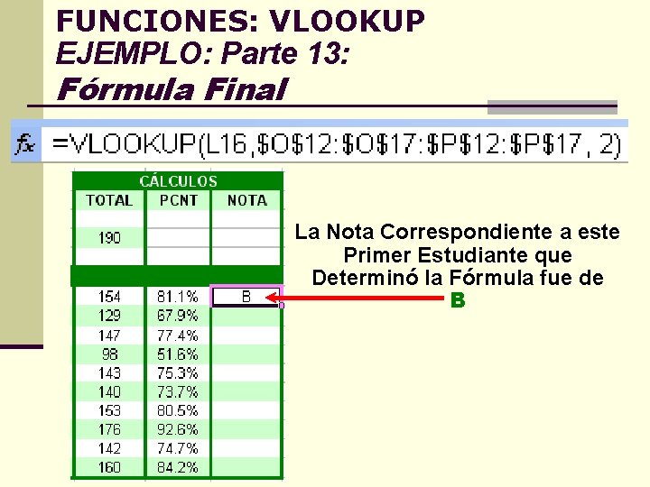 FUNCIONES: VLOOKUP EJEMPLO: Parte 13: Fórmula Final La Nota Correspondiente a este Primer Estudiante