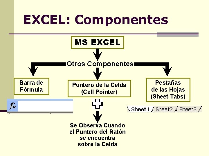 EXCEL: Componentes MS EXCEL Otros Componentes Barra de Fórmula Puntero de la Celda (Cell