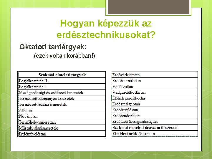 Hogyan képezzük az erdésztechnikusokat? Oktatott tantárgyak: (ezek voltak korábban!) 