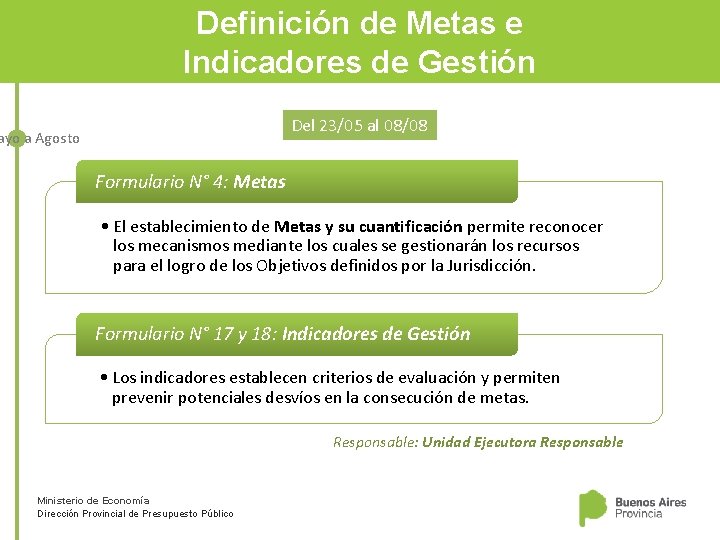 Definición de Metas e Indicadores de Gestión Del 23/05 al 08/08 ayo a Agosto