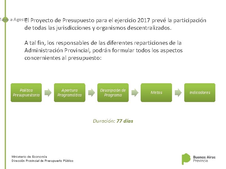 Mayo a Agosto El Proyecto de Presupuesto para el ejercicio 2017 prevé la participación