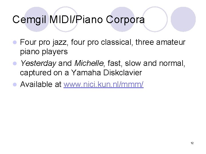 Cemgil MIDI/Piano Corpora Four pro jazz, four pro classical, three amateur piano players l