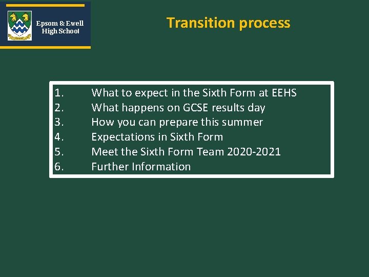 Epsom & Ewell High School 1. 2. 3. 4. 5. 6. Transition process What Epsom & Ewell High School 1. 2. 3. 4. 5. 6. Transition process What