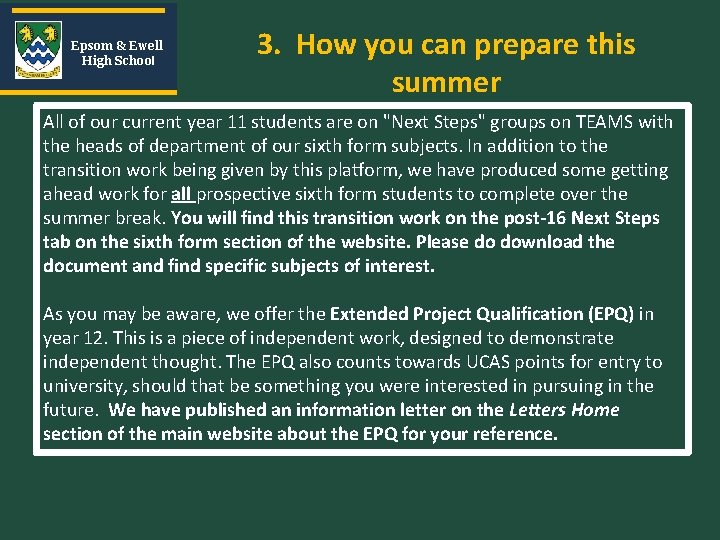 Epsom & Ewell High School 3. How you can prepare this summer All of Epsom & Ewell High School 3. How you can prepare this summer All of
