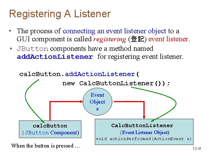 Registering A Listener • The process of connecting an event listener object to a
