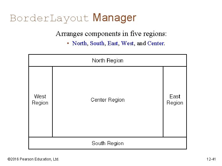 Border. Layout Manager Arranges components in five regions: • North, South, East, West, and