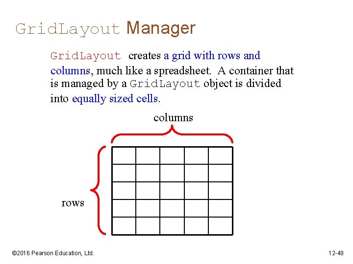 Grid. Layout Manager Grid. Layout creates a grid with rows and columns, much like