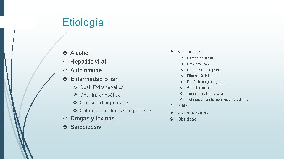 Etiología Alcohol Hepatitis viral Autoinmune Enfermedad Biliar Metabólicas: Hemocromatosis Enf de Wilson Def de