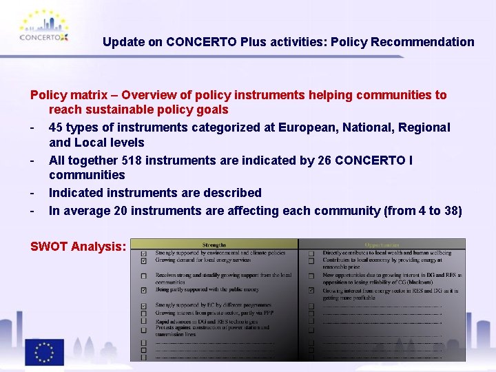 Update on CONCERTO Plus activities: Policy Recommendation Policy matrix – Overview of policy instruments