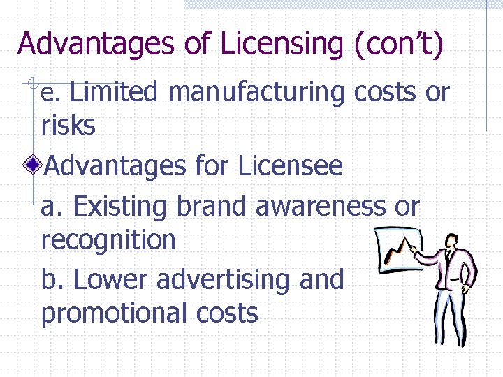 Advantages of Licensing (con’t) e. Limited manufacturing costs or risks Advantages for Licensee a.