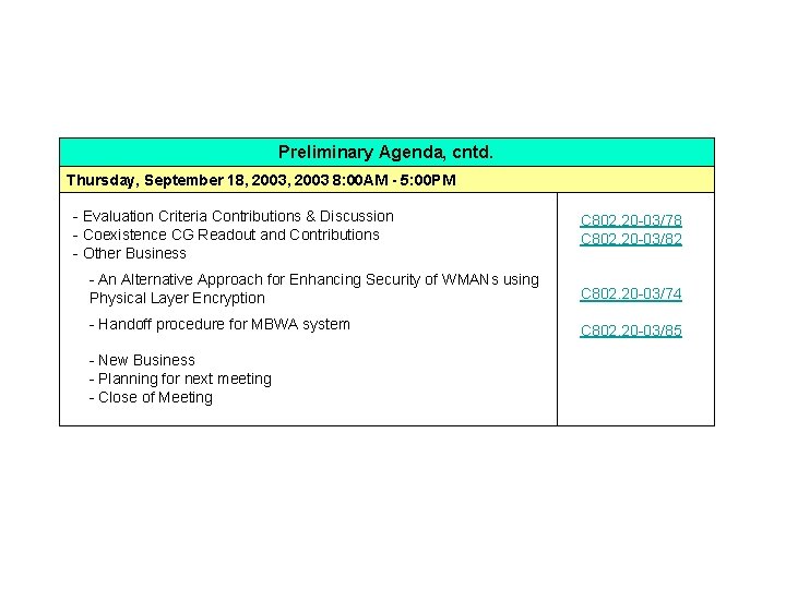 Preliminary Agenda, cntd. Thursday, September 18, 2003 8: 00 AM - 5: 00 PM