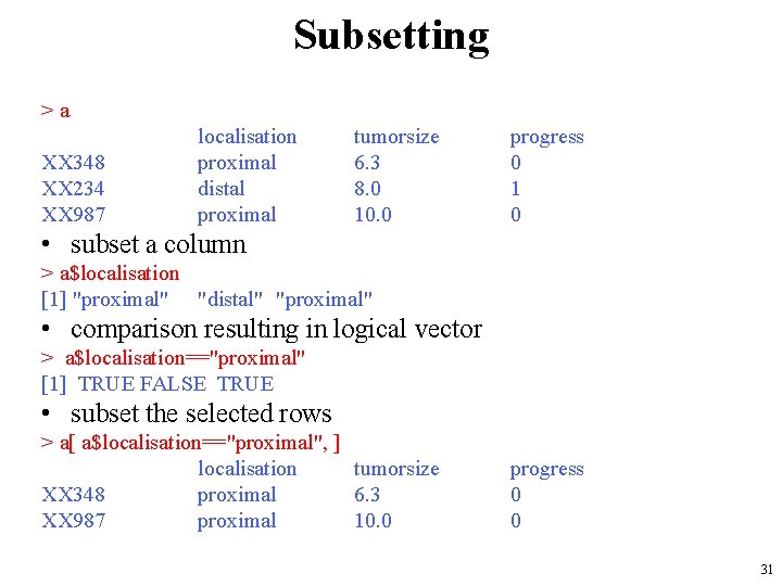 Subsetting >a XX 348 XX 234 XX 987 localisation proximal distal proximal tumorsize 6.