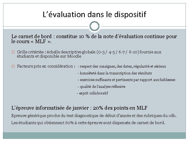 L’évaluation dans le dispositif Le carnet de bord : constitue 10 % de la