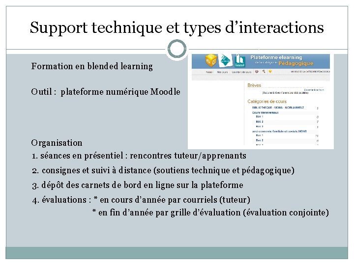 Support technique et types d’interactions Formation en blended learning Outil : plateforme numérique Moodle