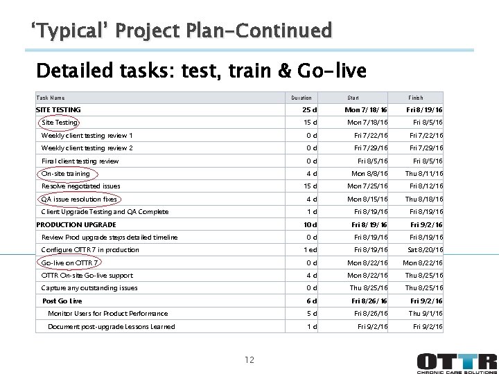 ‘Typical’ Project Plan-Continued Detailed tasks: test, train & Go-live Task Name Duration Start Finish