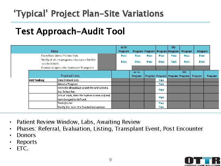 ‘Typical’ Project Plan-Site Variations Test Approach-Audit Tool • • • Patient Review Window, Labs,
