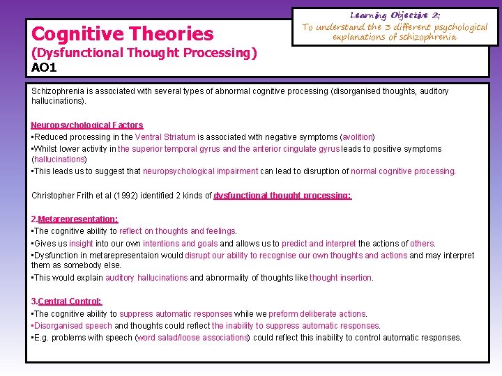 Cognitive Theories Learning Objective 2; To understand the 3 different psychological explanations of schizophrenia.