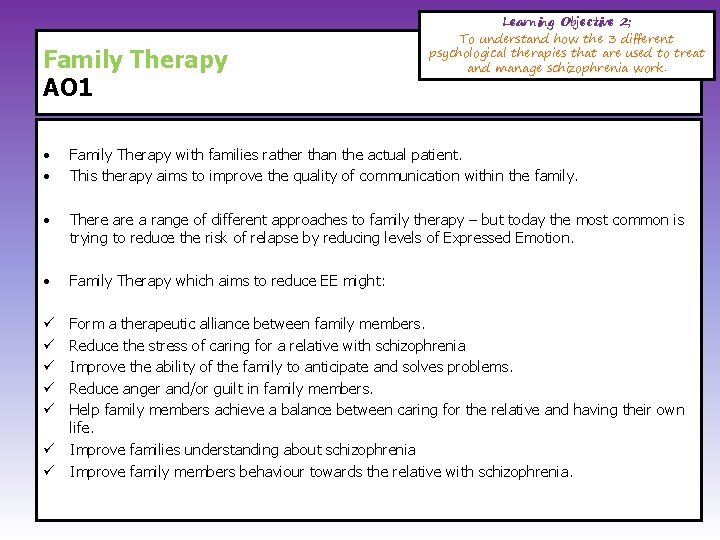 Family Therapy AO 1 Learning Objective 2; To understand how the 3 different psychological