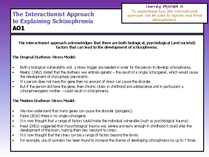 The Interactionist Approach to Explaining Schizophrenia AO 1 Learning Objective 2; To understand how