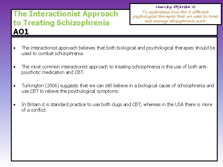 The Interactionist Approach to Treating Schizophrenia AO 1 Learning Objective 2; To understand how