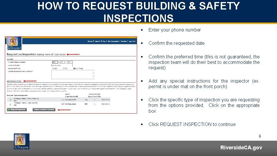 HOW TO REQUEST BUILDING & SAFETY INSPECTIONS § Enter your phone number § Confirm