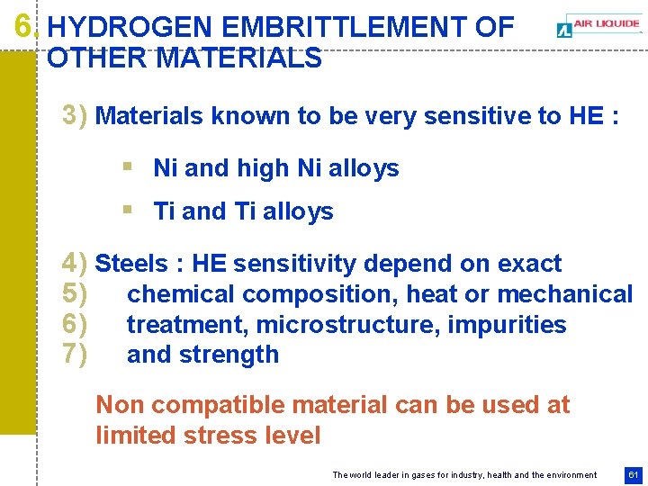 6. HYDROGEN EMBRITTLEMENT OF OTHER MATERIALS 3) Materials known to be very sensitive to